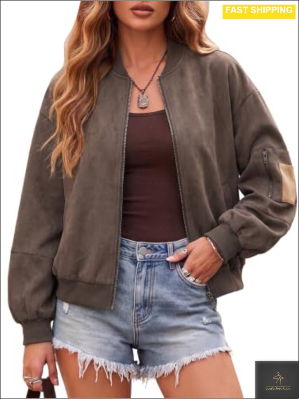 Faux Suede Bomber Zip Up Jacket Oversized Casual Fall Coat